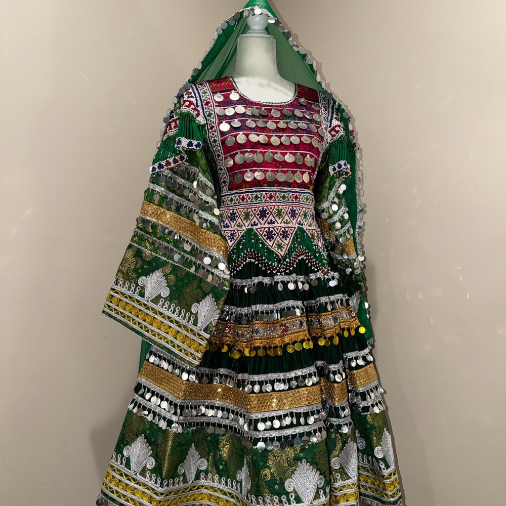 Embroidered Green Midi Dress with Mirror Details